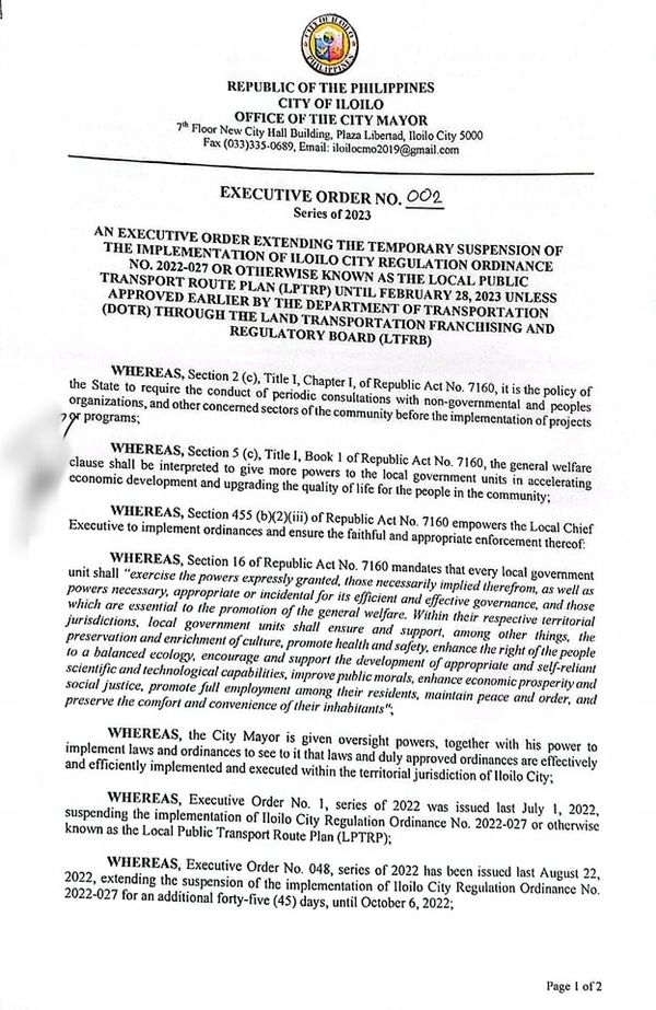 Temporary suspension sang LPTRP sa Iloilo City ginpalawig tubton sa Pebrero 28