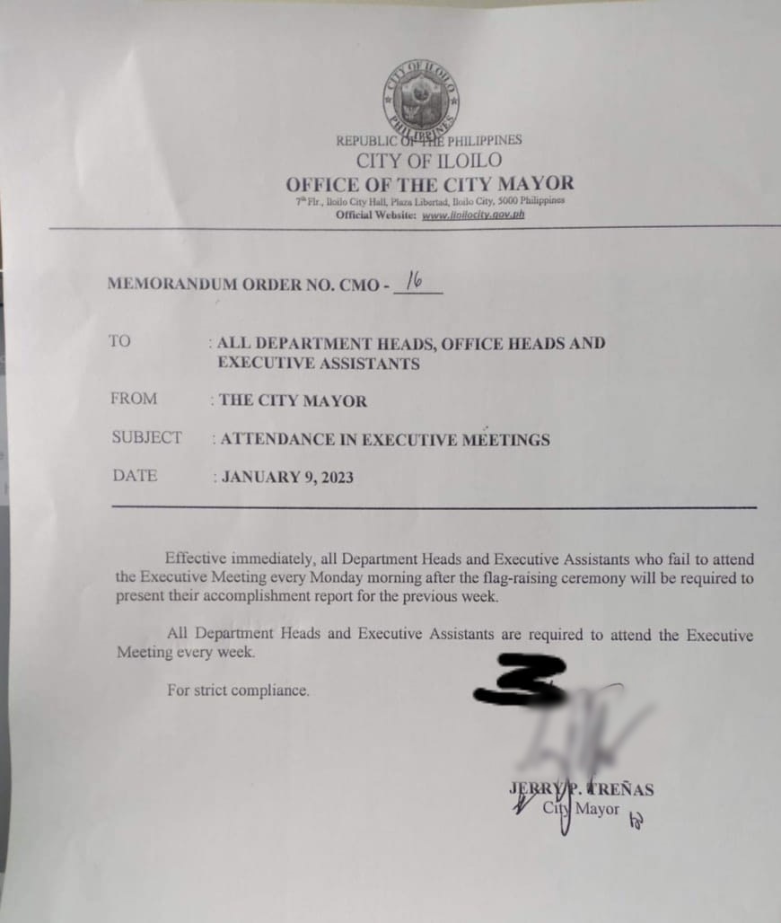 Mga Department heads kag Executive assistants nga absent sa executive meeting kada Lunes i-require nga mag-report sang ila accomplishment