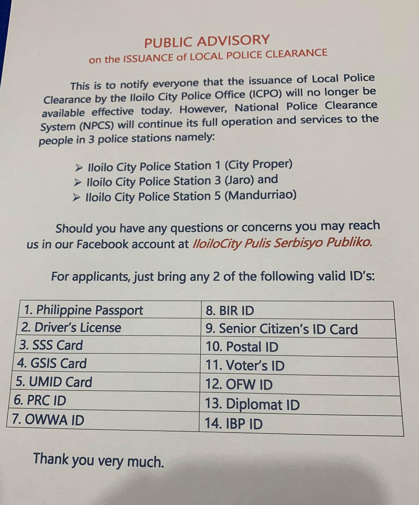 #ADVISORY | ICPO indi na mag-issue sang local police clearance sugod subong Pebrero 22