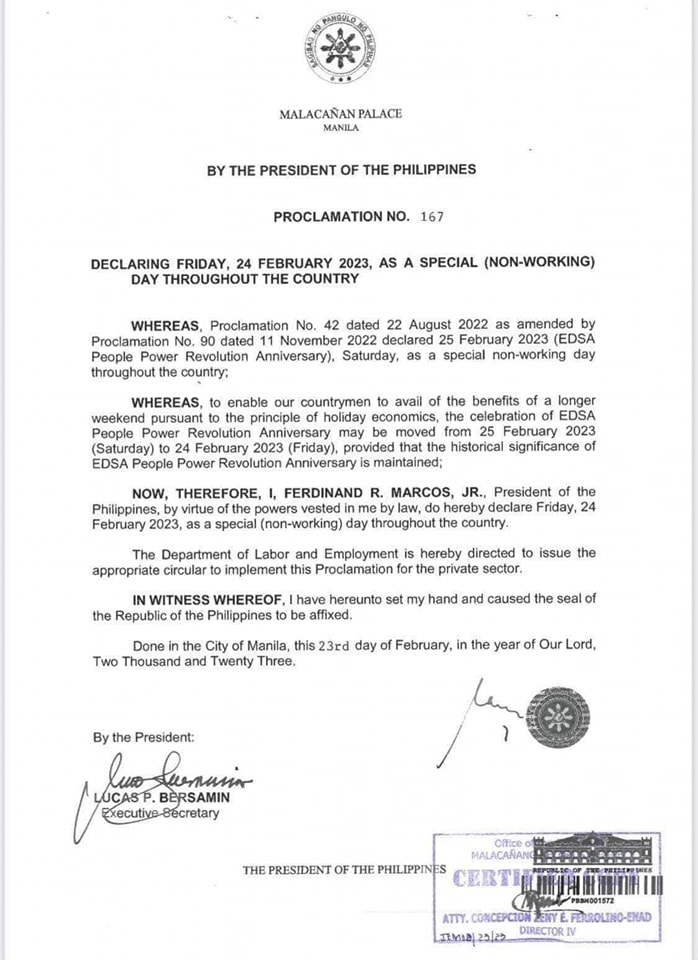 #FYI | Gindeklarar nga special non-working holiday ang Pebrero 24