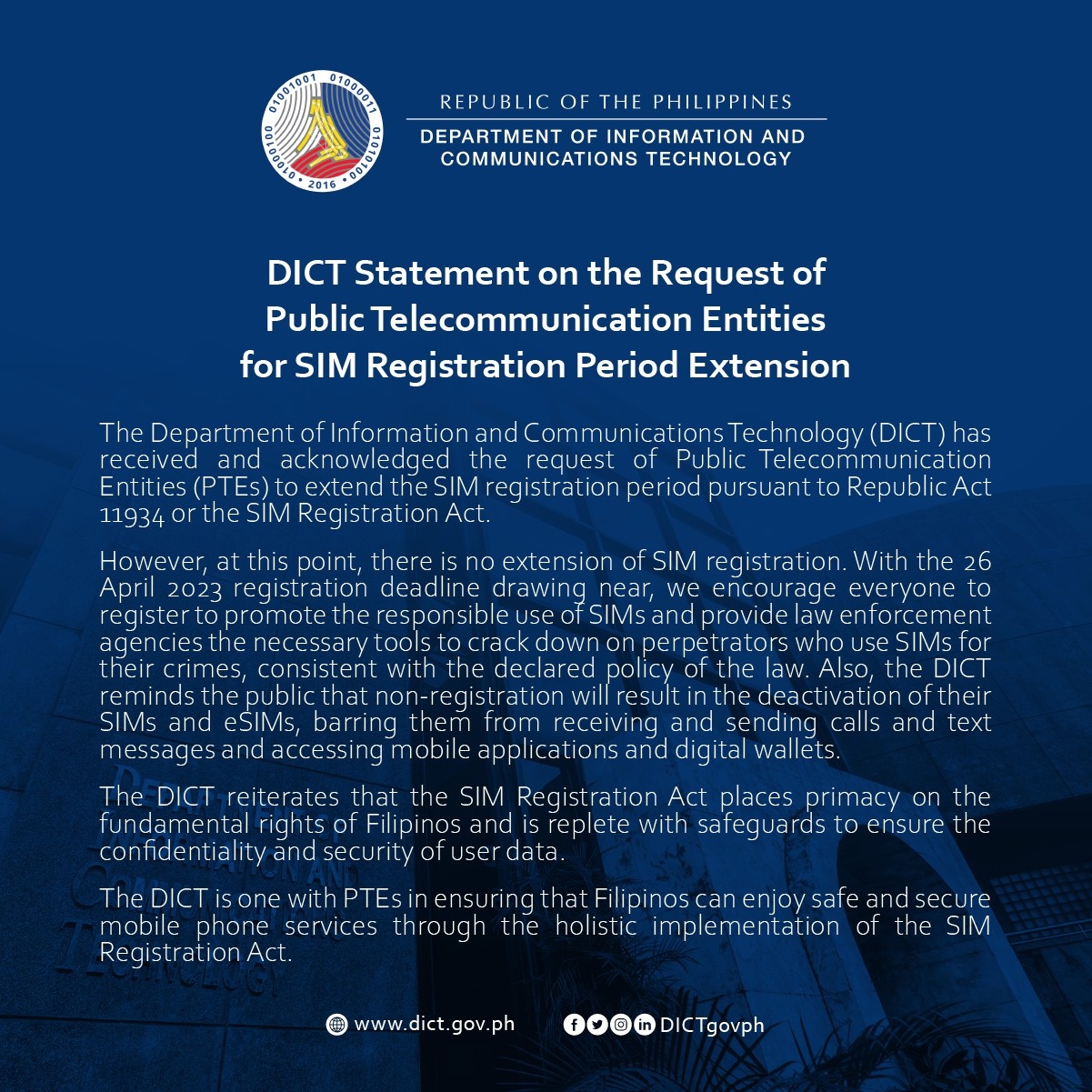 ‘There is no extension of SIM Registration’ — DICT