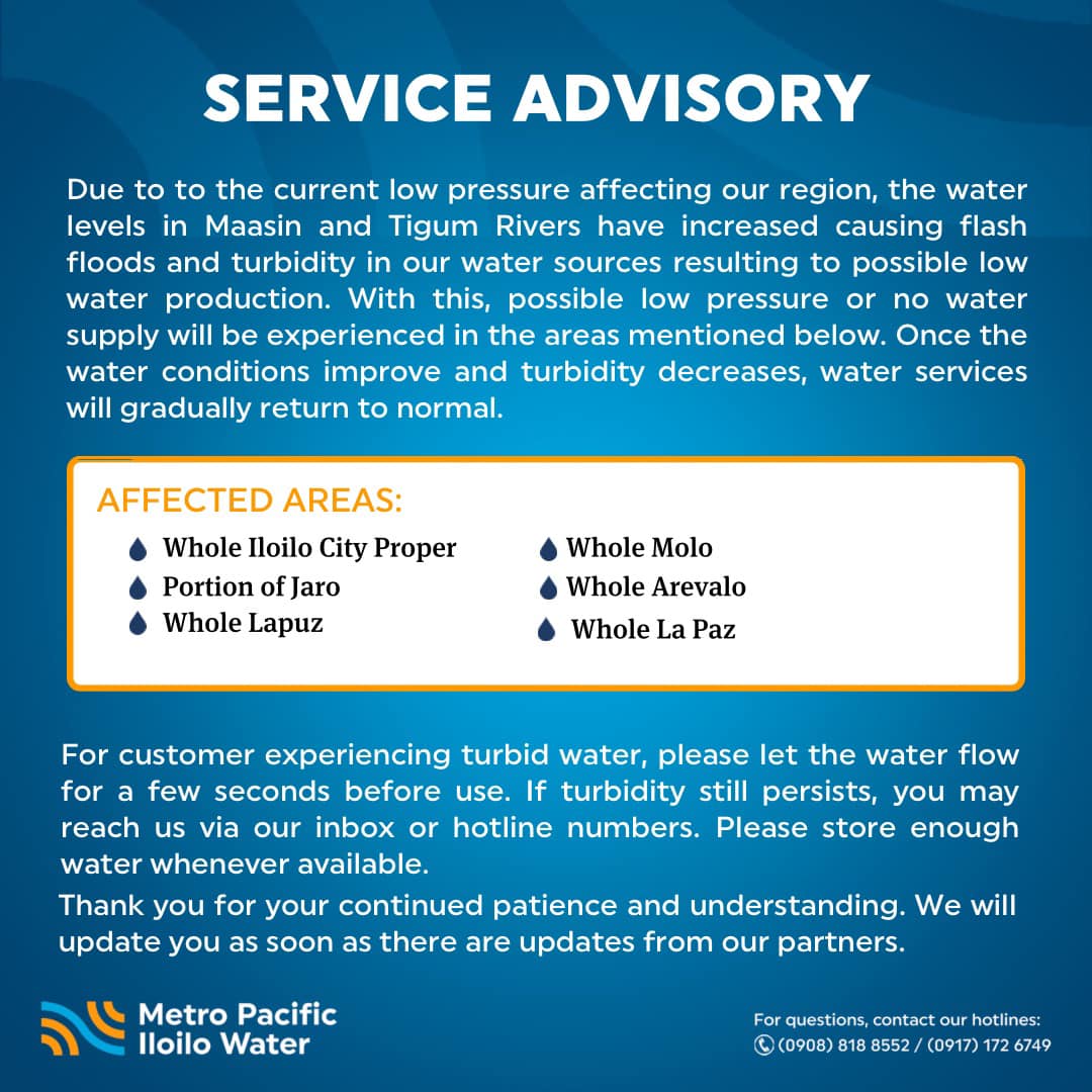 ‘Low pressure or no water supply’ posible ma-eksperyensyahan sa pila ka areas sa Iloilo City