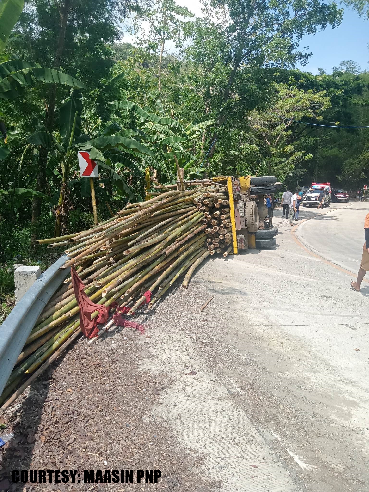 1 patay, 3 pilason sang nagtakilid ang elf truck nga may karga nga kawayan sa Maasin