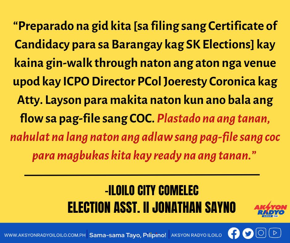 “Plastado na ang tanan”– City Comelec Election Asst. II Jonathan Sayno sa pagsugod sang COC filing sa Agosto 28