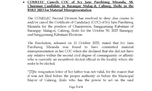 COC sang nagpadalagan sa pagka-SK chair sa Calinog gin-cancel sang Comelec
