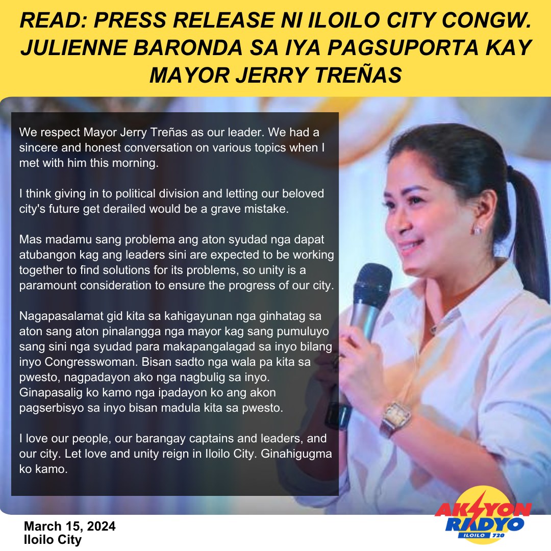 Iloilo City Congw Jamjam Baronda suportado si Iloilo City Mayor Jerry Treñas