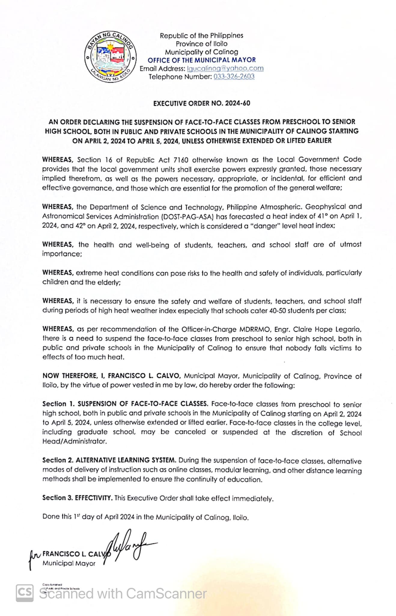 Face-to-face classes halin pre-school tubtob Senior High School sa public kag private schools sa Calinog suspendido halin Abril 2 tubtob Abril 5 tungod sa tuman ka init nga tiyempo
