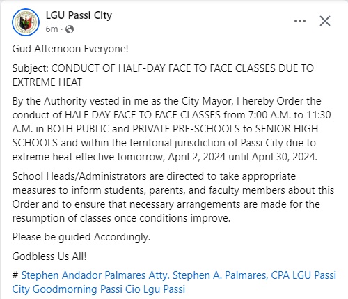 Klase sa Passi City halin pre-school tubtob senior high school sa public kag private schools, half-day na lang sugod Abril 2 tubtob Abril 30 tungod sa tuman ka init nga tiyempo