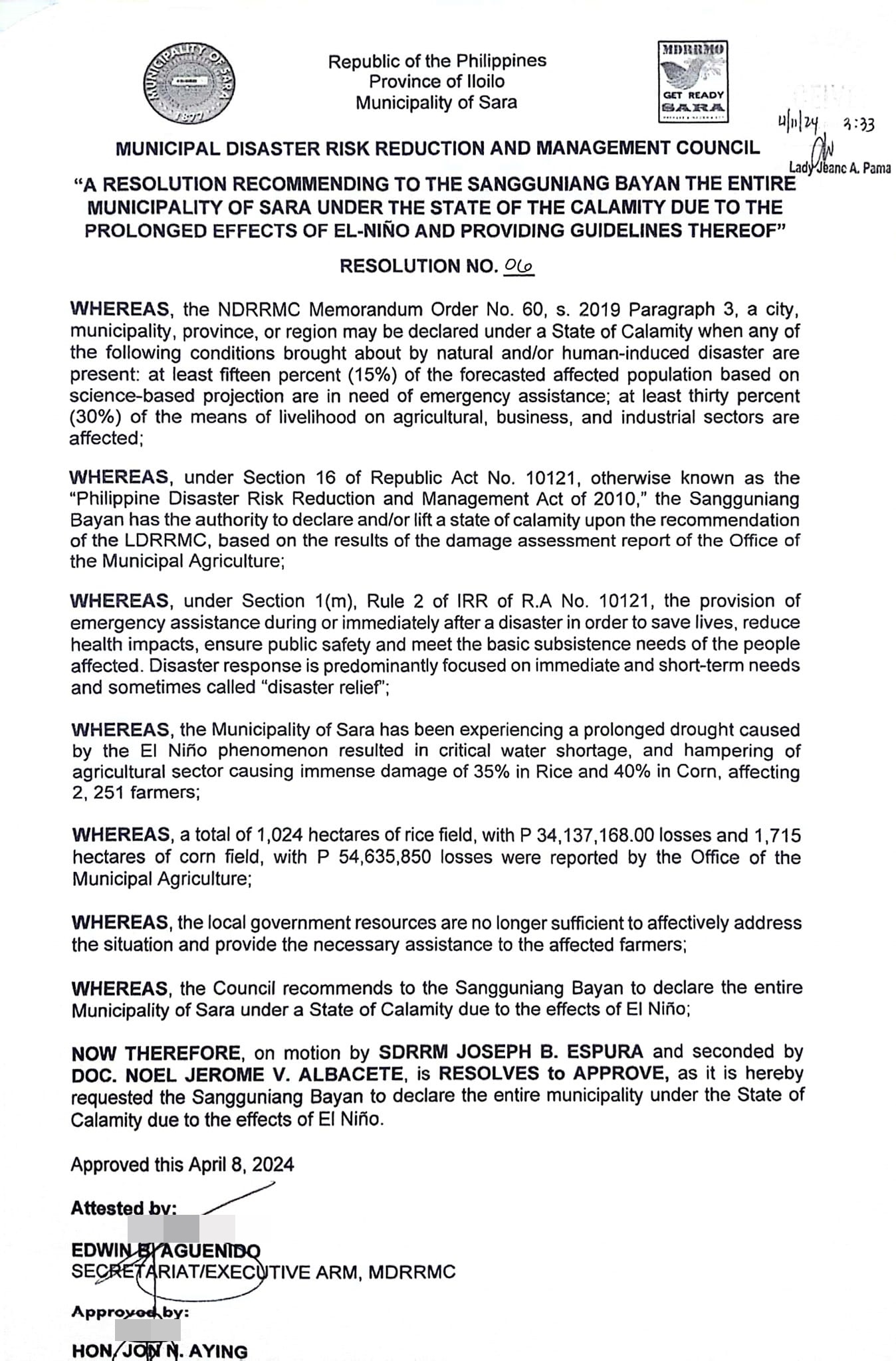 Sara, Iloilo labing una nga banwa sa probinsya sang Iloilo nga nagdeklarar sang state of calamity tungod sa epekto sang el niño