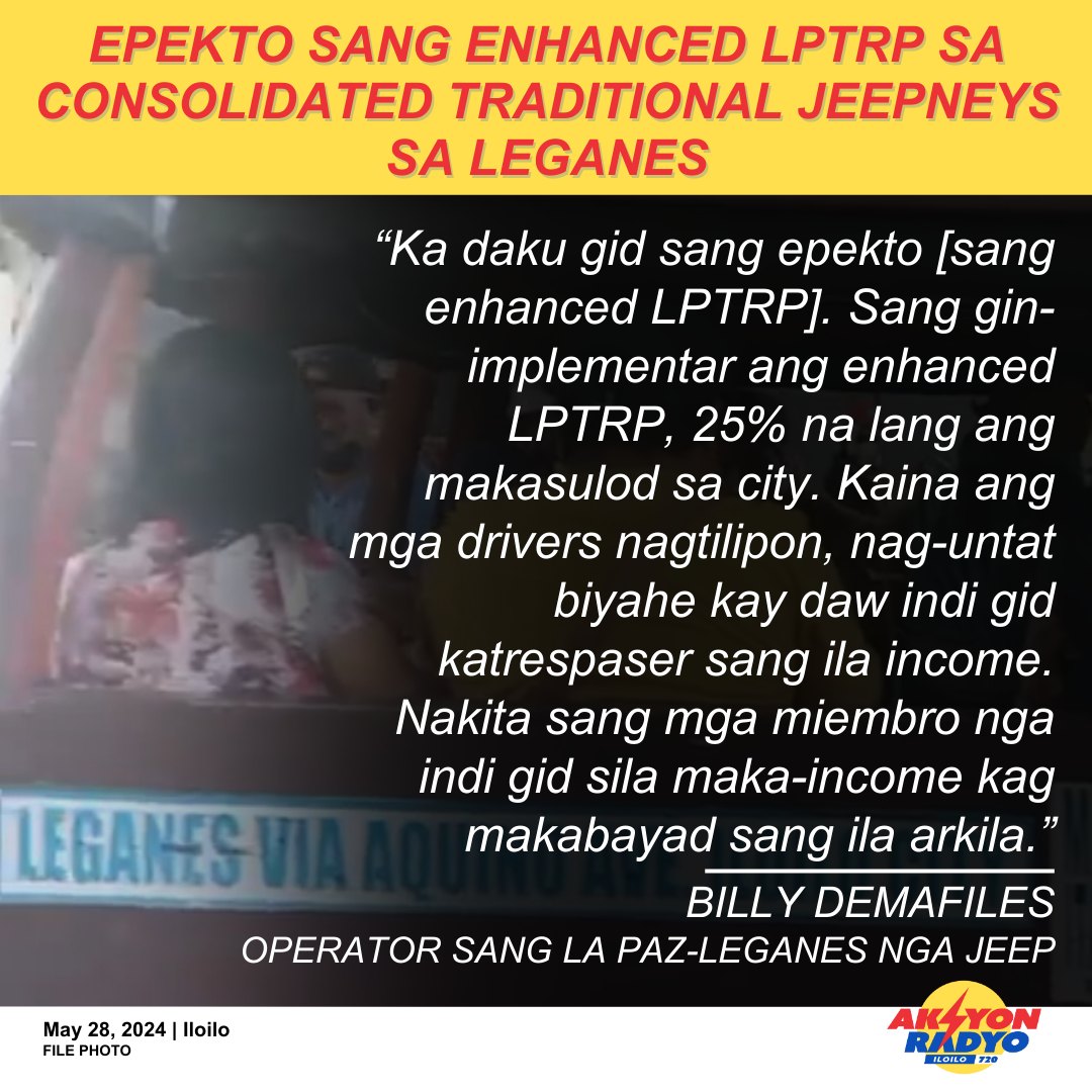 Pila ka drivers sang consolidated traditional jeepneys sa Leganes nag-untat biyahe sa full implementation sang ELPTRP tungod “indi maka-income kag makabayad sang arkila”