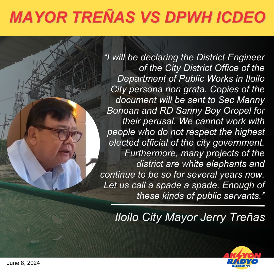 District Engineer sang DPWH-ICDEO ideklarar ni Iloilo City Mayor Jerry Treñas nga persona non grata