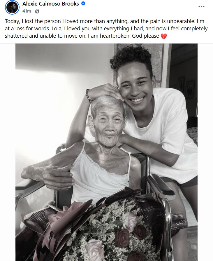 Miss Eco International Ph Alexie Caimoso Brooks ginkumpirmar ang pagkamatay sang iya Lola Basing nga nagpadaku sa iya