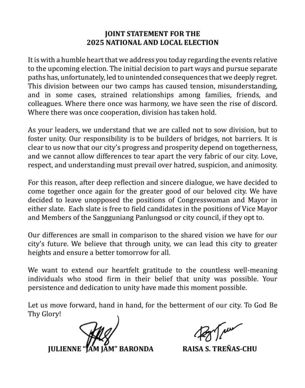 [READ] Joint statement sang Team Treñas kag Team Baronda sa 2025 midterm elections