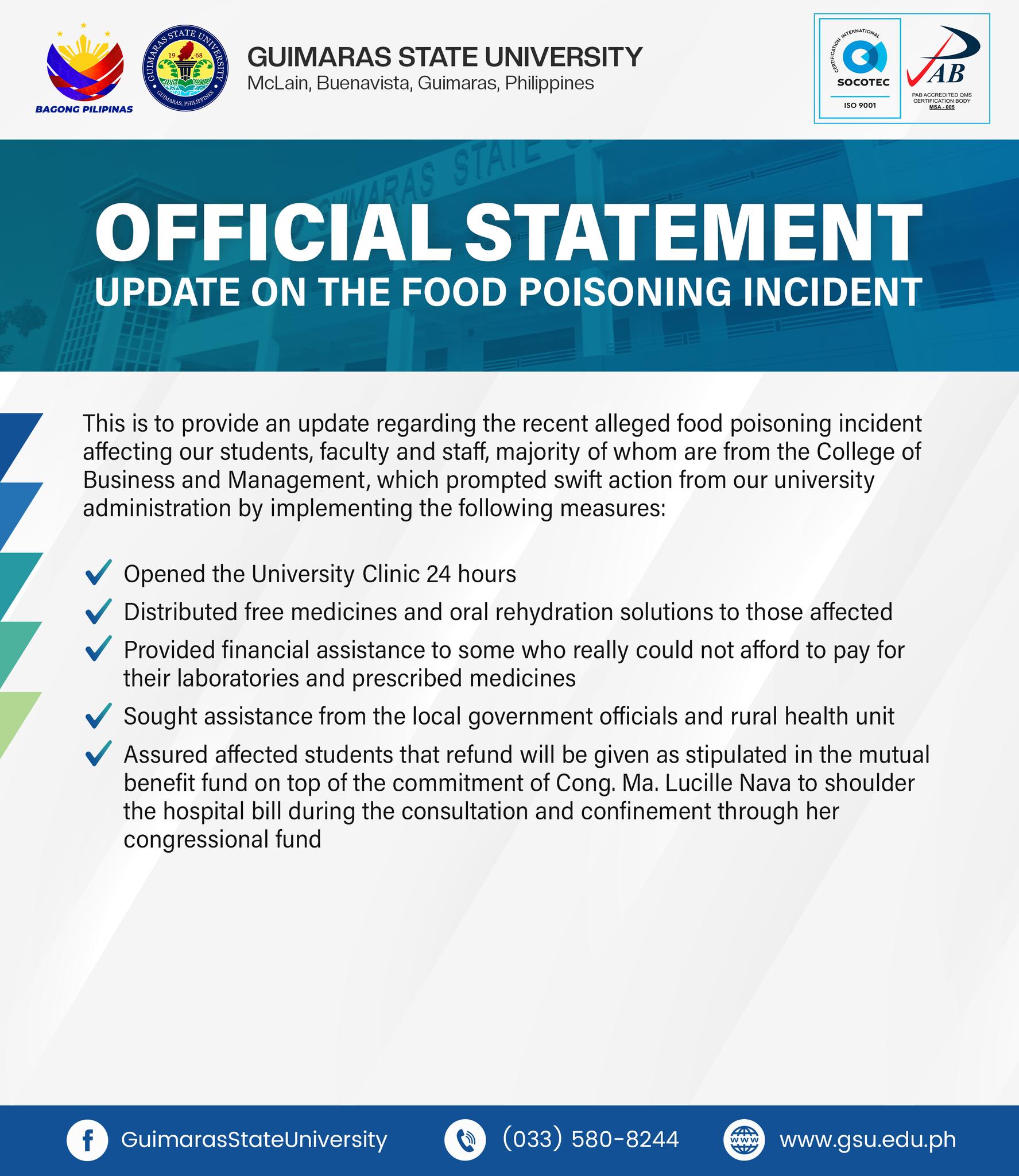 Food poisoning incident sa Guimaras State University gina-imbestigaran na sang school administration