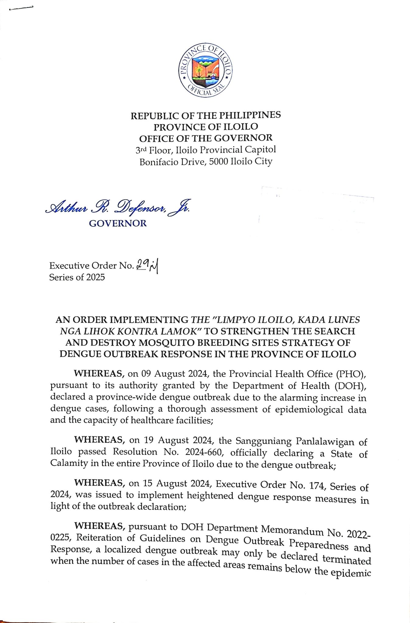 Clean-up Drive vs Dengue kada Lunes ginmandu ni Iloilo Gov. Arthur Defensor, Jr.