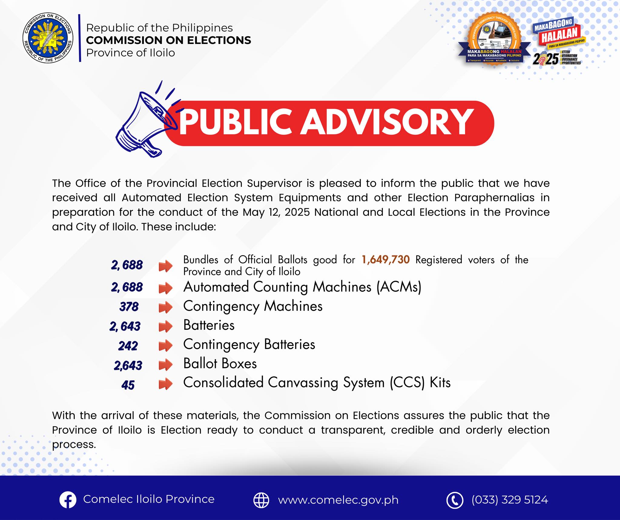 Election equipment kag mga paraphernalia para sa 2025 midterm elections nabaton na sang Comelec Iloilo Province