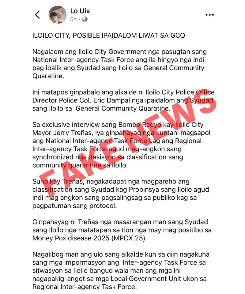 Facebook post nga nagapahibalo nga posible ipaidalum sa General Community Quarantine (GCQ) ang Iloilo City tungod sang Mpox gintawag ni Mayor Jerry Treñas nga “fake news”
