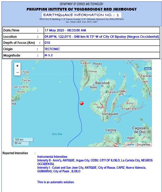 Magnitude 5.2 nga linog nagluntad sa Sipalay City, Neg. Occ.; Intensiyty II nabatyagan sa Iloilo City — Phivolcs