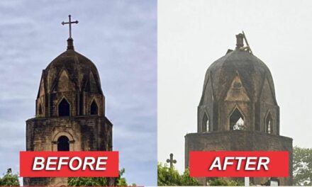 Cross sa spire sang simbahan sa Guimbal nautod tungod sang mabaskog nga hangin dala sang Bagyo Tino