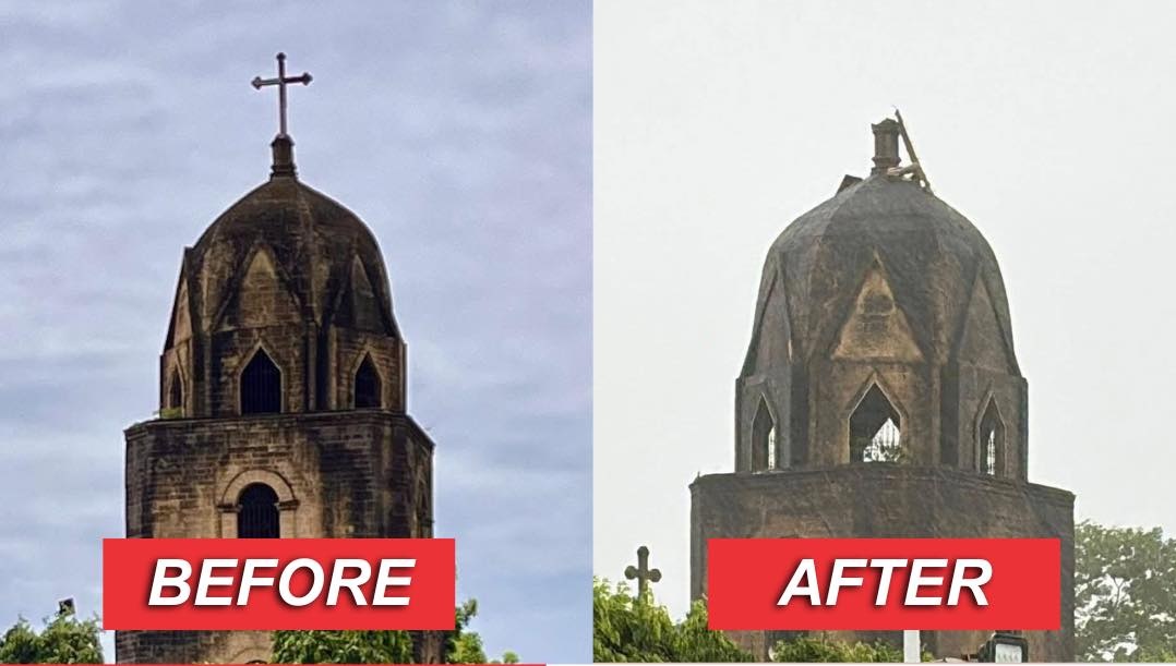 Cross sa spire sang simbahan sa Guimbal nautod tungod sang mabaskog nga hangin dala sang Bagyo Tino