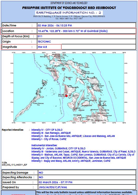 Iloilo City kag pila ka banwa sa Iloilo province gintay-ug sang magnitude 4.8 nga linog las 6:13 subong nga gab-i