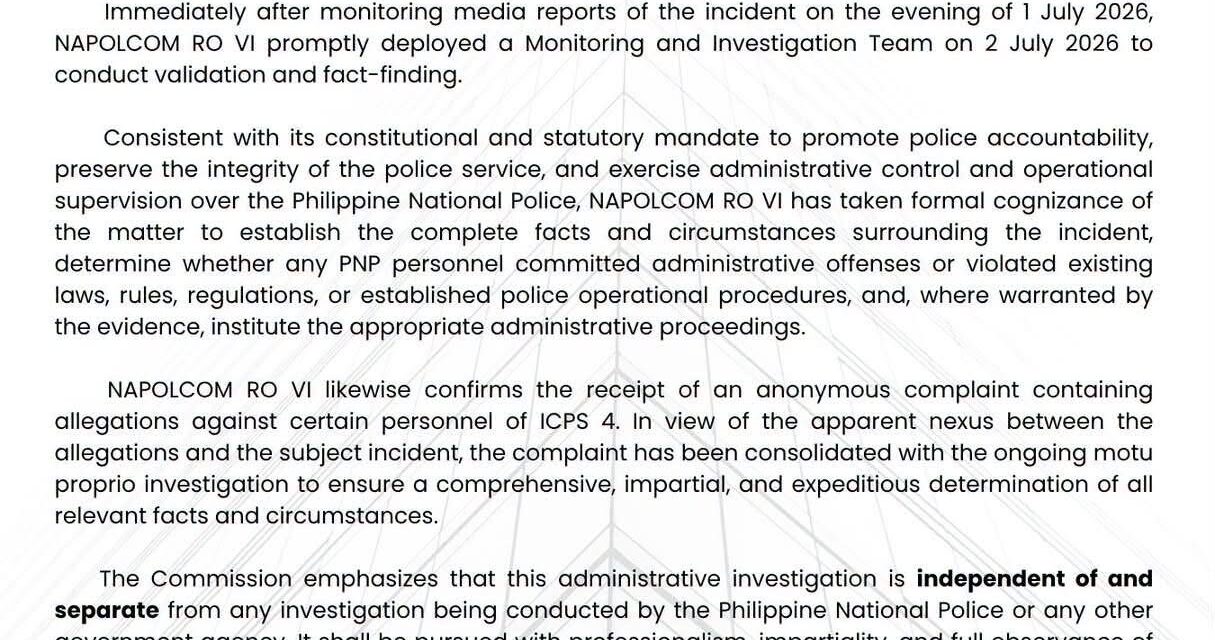 Motu proprio administrative investigation ginahimo sang NAPOLCOM 6 sa pag-operate sang PNP-IMEG sa dismissed police officer nga wanted sa Molo Police Station