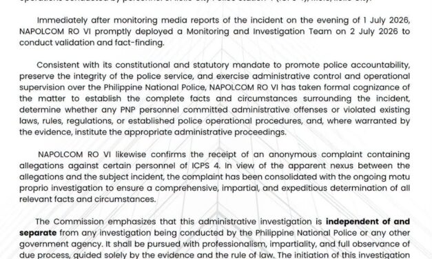 Motu proprio administrative investigation ginahimo sang NAPOLCOM 6 sa pag-operate sang PNP-IMEG sa dismissed police officer nga wanted sa Molo Police Station